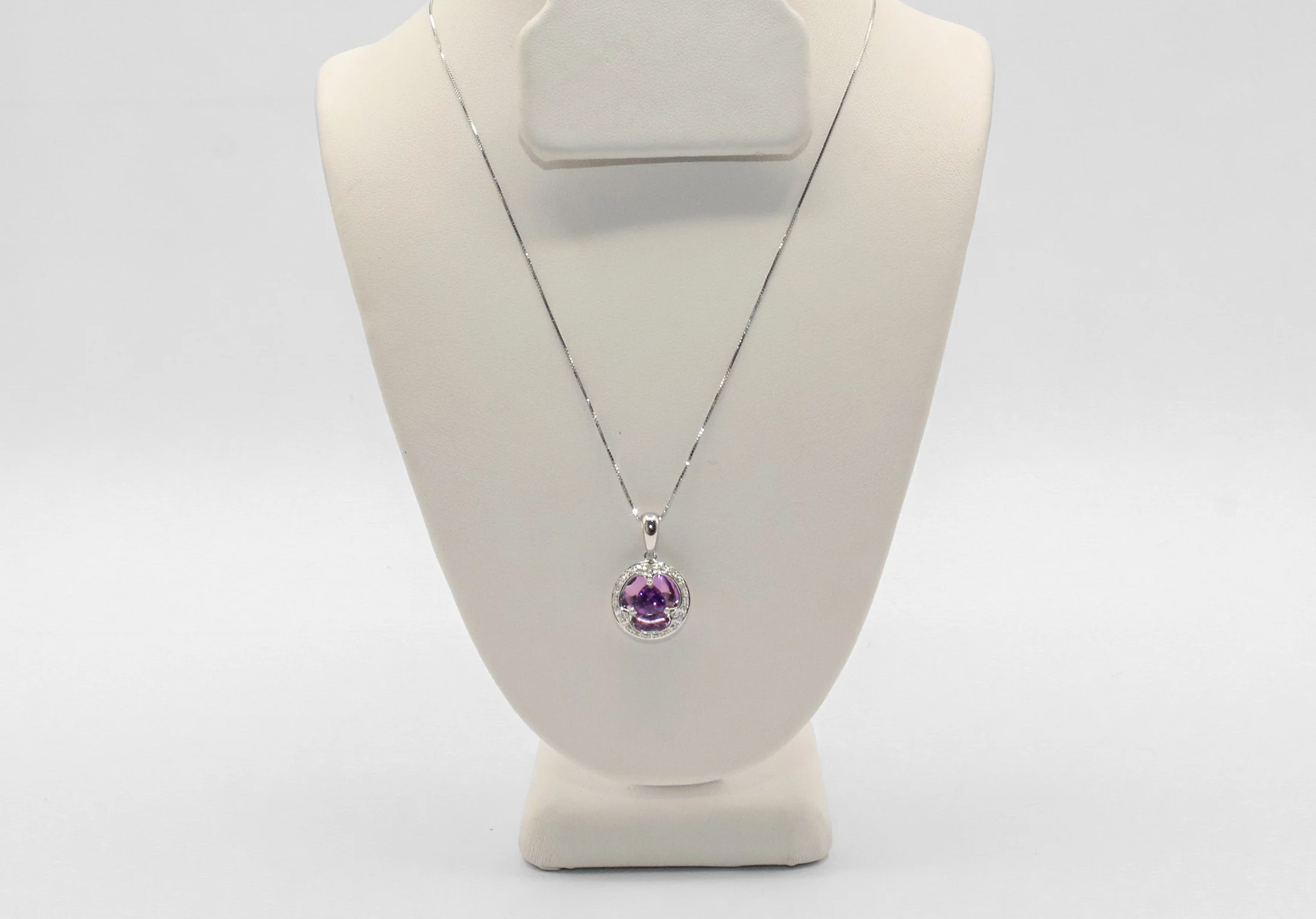 14K White Gold Amethyst and Diamond Halo Necklace