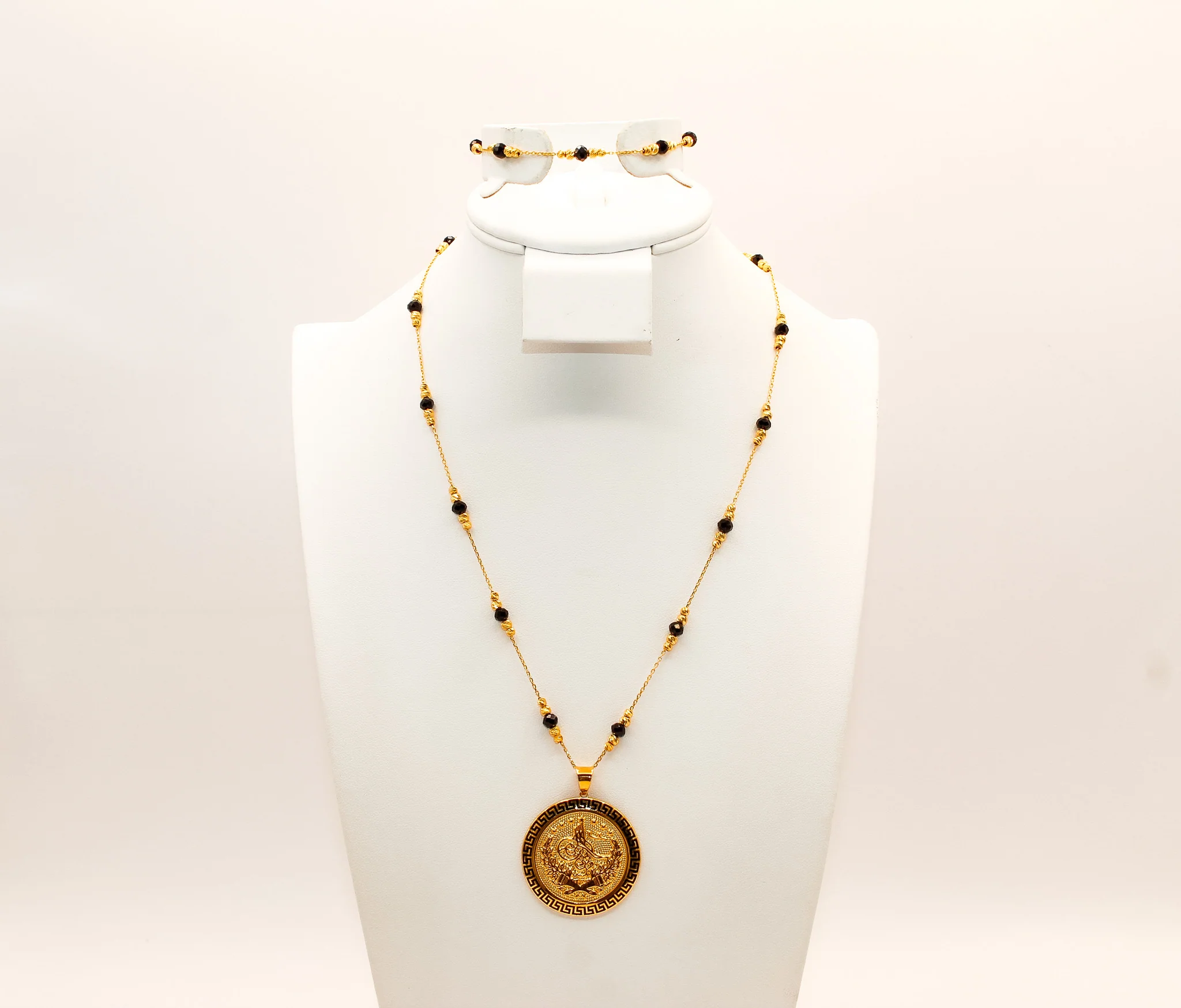 21K Gold Black Bead Coin Necklace