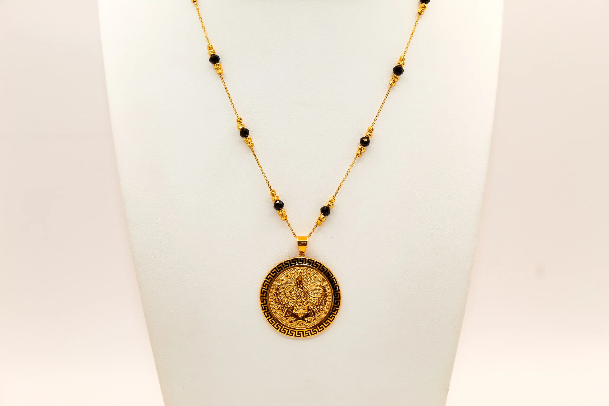 21K Gold Black Bead Coin Necklace - Image 2